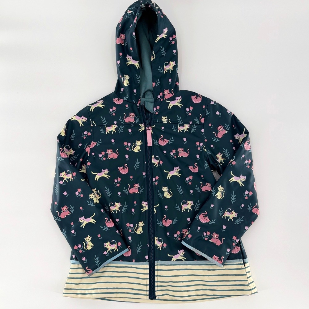 STEPHEN JOSEPH Girls Cat Print Hooded Raincoat Teal Pink Size 7/8 Rain Jacket